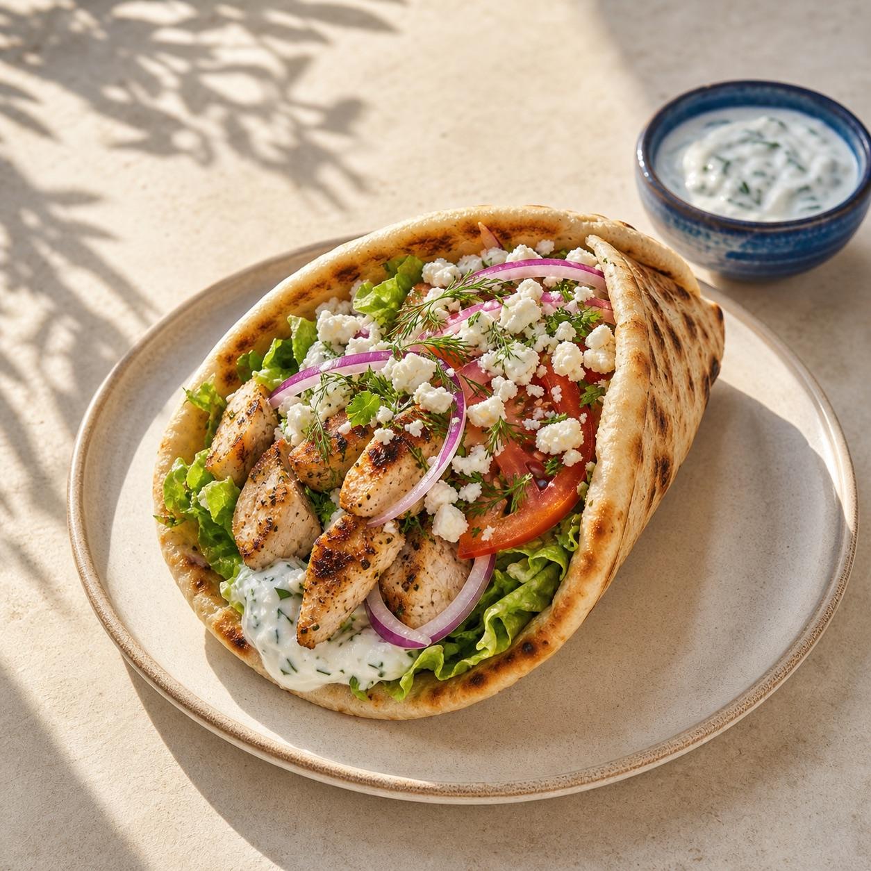 Chicken gyro with grilled chicken, lettuce, tomato, red onion, feta, and tzatziki