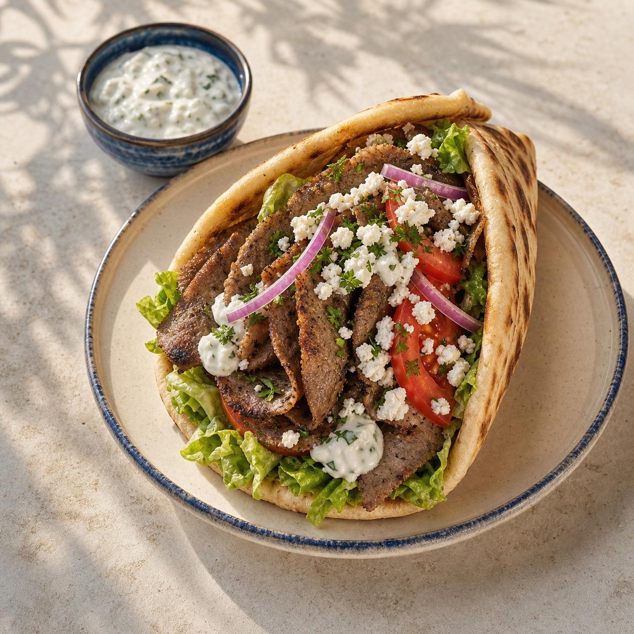 Lamb gyro with sliced lamb, lettuce, tomato, red onion, feta, and tzatziki