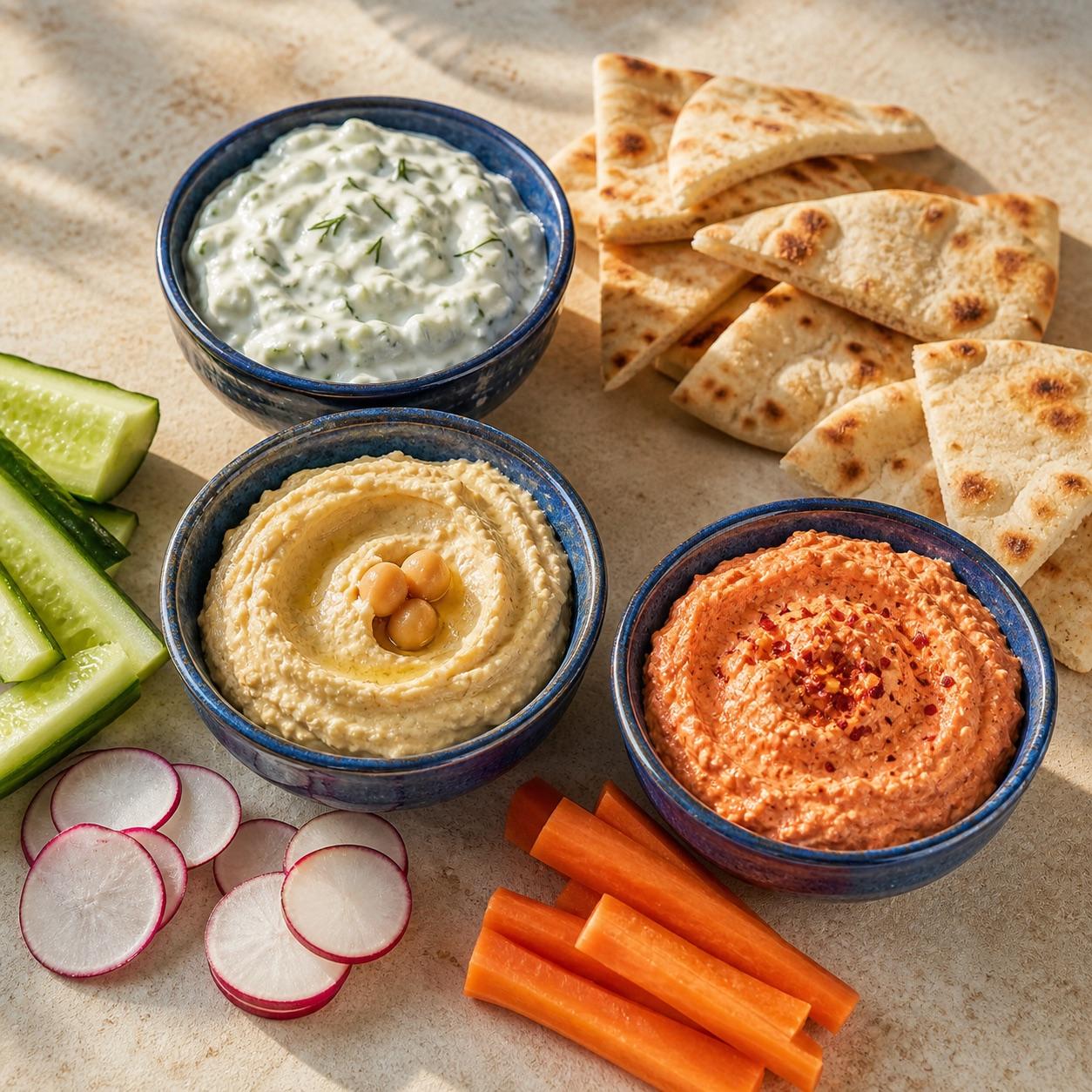 Tzatziki, hummus, and spicy feta with warm pita and fresh vegetables