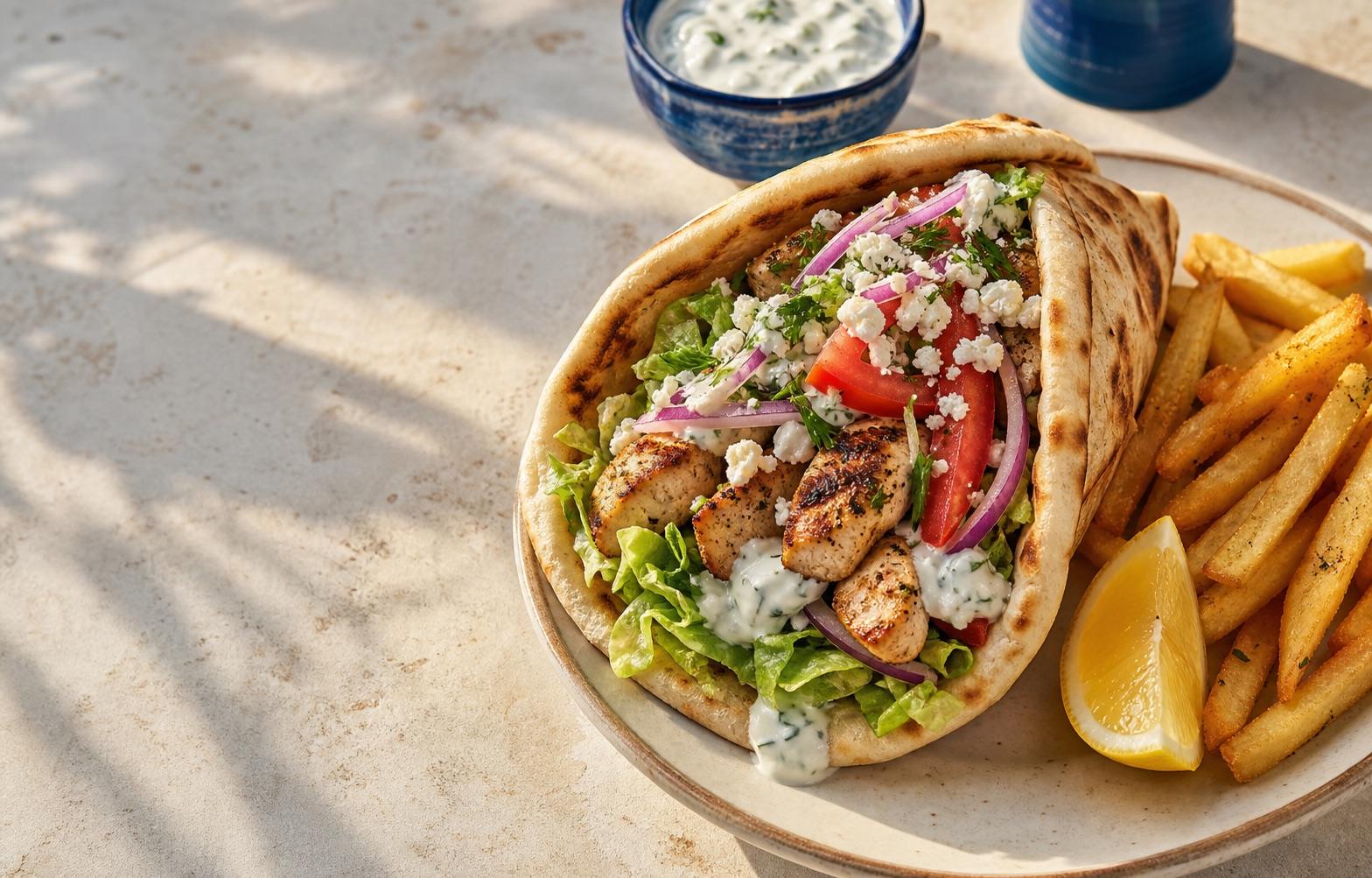 A chicken gyro with fresh vegetables, feta, tzatziki, and fries